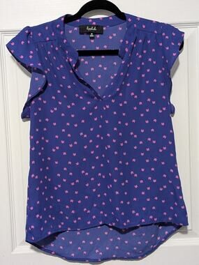 Blue Flutter Sleeve Top Pink Kitty Cat Pattern Blouse Medium EUC Novelty Cute